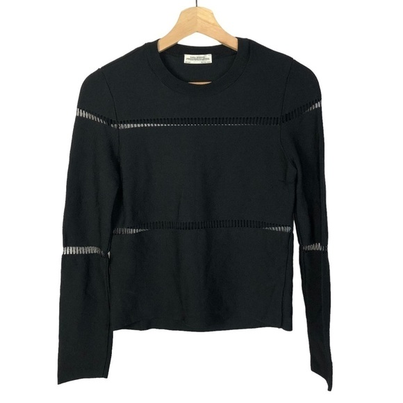 Zara Black Mesh Stripe Knit Crewneck Sweater S - Picture 1 of 3